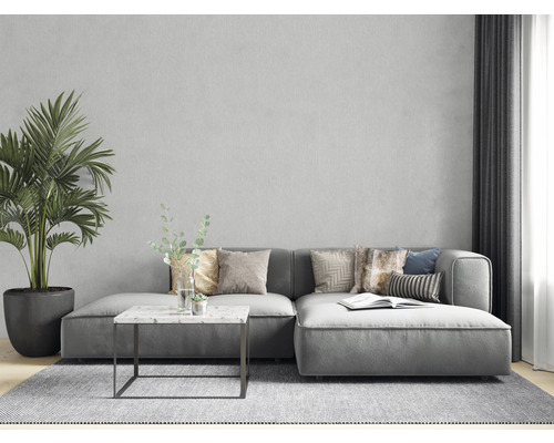 Modernes Wohnzimmer mit grauer Couch, Kissen, Tisch, Zimmerpflanze und Teppich