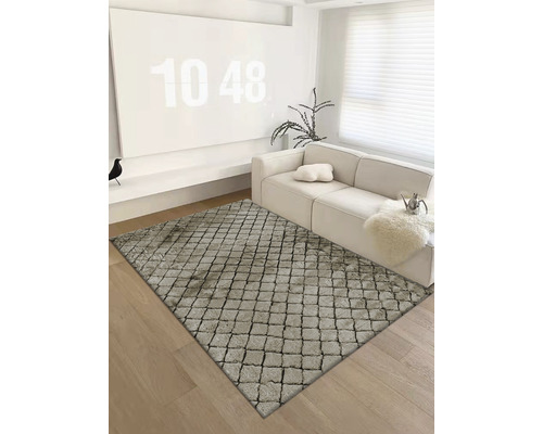 Salon avec tapis à motif de pavés, canapé et décoration.