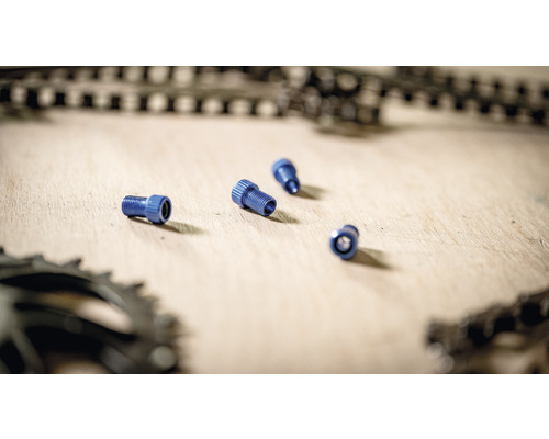 Adaptateurs de valve de vélo bleus sur une table en bois
