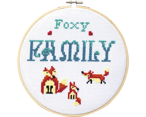 Image de point de croix Foxy Family dans un cercle à broder