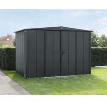 Abri de jardin métallique avec double porte sur pelouse