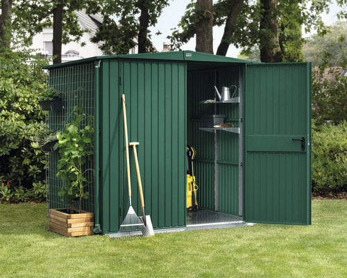 Armoire de jardin en métal avec portes ouvertes, étagères et outils de jardin