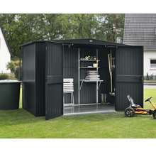 Abri de jardin en métal avec portes ouvertes et outils de jardinage à l''intérieur
