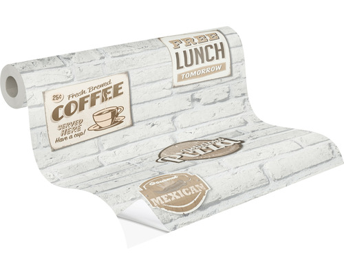 Rouleau de papier peint avec motif de briques et inscriptions