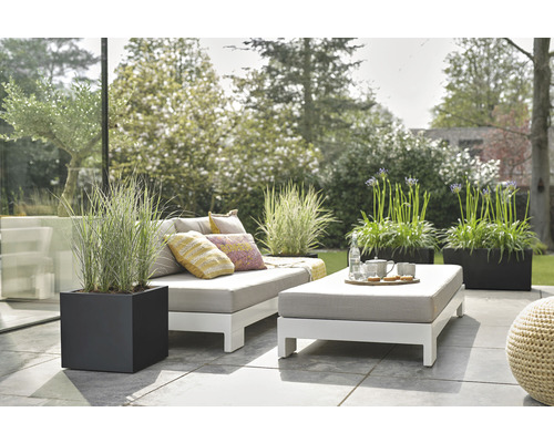 Terrasse avec mobilier de salon, jardinières et plantes pour un espace extérieur de détente