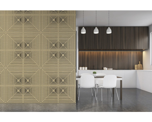 Modernes Interieur mit quadratischer Wandpaneeloptik und Küchenbereich