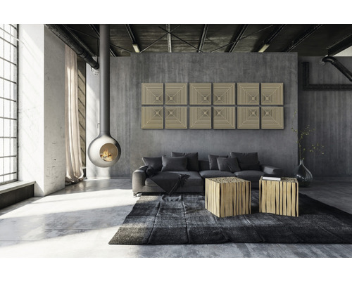 Wohnzimmer mit Sofa, Teppich, Couchtischen, Kamin und Wandpaneelen