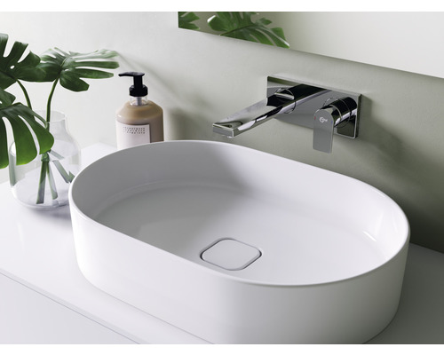 Gros plan d''une salle de bains avec vasque à poser, robinetterie et décoration