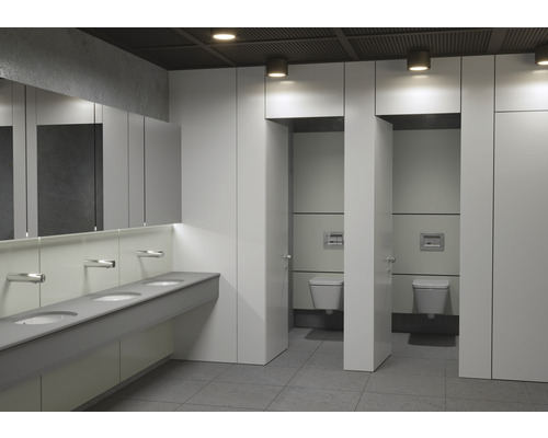 Öffentliche Toilette mit Waschbecken und WC-Kabinen