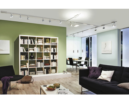 Wohnzimmer mit Bücherregal, Sofa und Deckenleuchte mit Spots