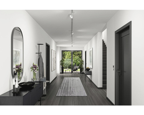 Flur mit Kommode, Spiegel, Garderobe, Teppich, Deckenleuchten und Pflanzen