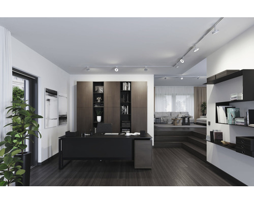 Helles Arbeitszimmer mit Schreibtisch, Regalen und Beleuchtung