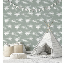 Kinderzimmer mit Dinosauriertapete, Spielzelt, Körben und Hocker