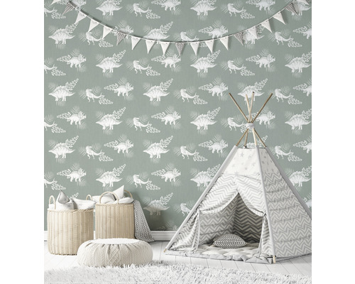 Kinderzimmer mit Dinosauriertapete, Spielzelt, Körben und Hocker