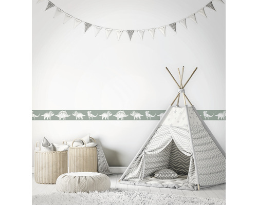 Kinderzimmer mit Dinosaurierbordüre, Spielzelt und Dekorationen