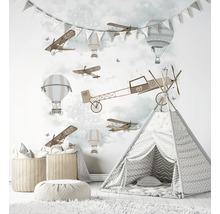 Papier peint panoramique intissé 45859 Kids Walls avions montgolfières gris marron 4 pces 270 x 212 cm
