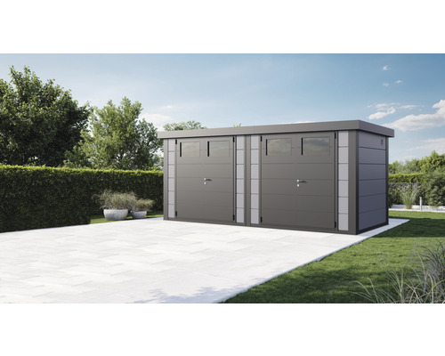 Abri de jardin Eleganto 5221 2 portes à deux vantaux 542 x 229 cm gris clair Garage double en métal avec deux portes et fenêtres dans le jardin