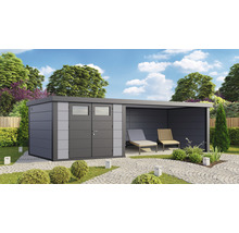 Gartenhaus Classico 3030 inkl. Lounge 4530 rechts mit Seitendach, Rück- und Seitenwand 782 x 318 cm lichtgrau