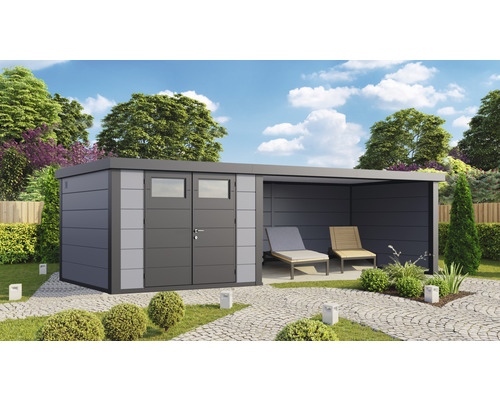 Abri de jardin Eleganto 3030 avec lounge 4530 à droite avec toit latéral, paroi arrière et latérale 760 x 298 cm gris clair