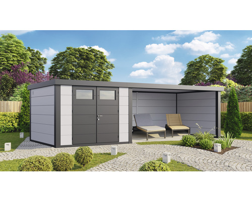 Abri de jardin Eleganto 3030 avec lounge 4530 à droite avec toit latéral, paroi arrière et latérale 760 x 298 cm blanc