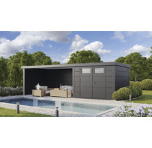 Gartenhaus Classico 3030 inkl. Lounge 4530 links mit Seitendach, Rück- und Seitenwand 782 x 318 cm granitgrau