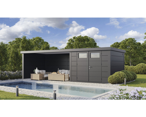 Gartenhaus Classico 3030 inkl. Lounge 4530 links mit Seitendach, Rück- und Seitenwand 782 x 318 cm granitgrau