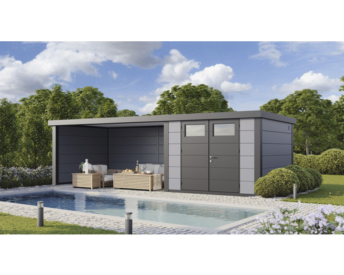 Abri de jardin Eleganto 3030 avec lounge 4530 à gauche avec toit latéral, paroi arrière et latérale 760 x 298 cm gris clair