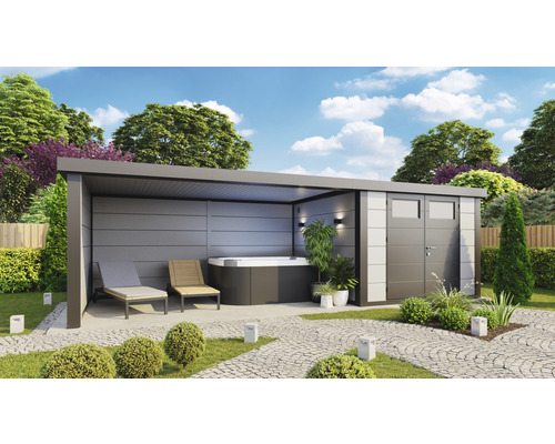 Abri de jardin Eleganto 3030 avec lounge 4530 à gauche avec toit latéral, paroi arrière et latérale 760 x 298 cm blanc