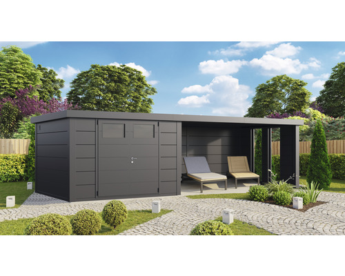 Gartenhaus Classico 3030 inkl. Lounge 4530 rechts mit Seitendach, Rück- und Seitenwand inkl. Fenster 782 x 318 cm granitgrau