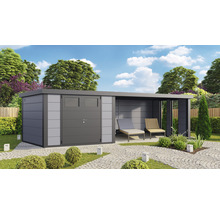 Gartenhaus Classico 3030 inkl. Lounge 4530 rechts mit Seitendach, Rück- und Seitenwand inkl. Fenster 782 x 318 cm lichtgrau