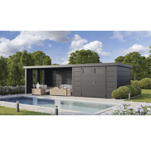 Gartenhaus Classico 3030 inkl. Lounge 4530 links mit Seitendach, Rück- und Seitenwand inkl. Fenster 782 x 318 cm granitgrau