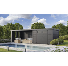 Gartenhaus Classico 3330 inkl. Lounge 4530 links mit Seitendach, Rück- und Seitenwand inkl. Fenster 812 x 318 cm granitgrau
