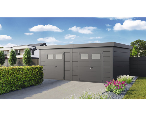 Abri de jardin Eleganto 6436 2 portes à deux vantaux 672 x 388 cm gris granite Garage double avec deux portes sectionnelles et fenêtres au design moderne.