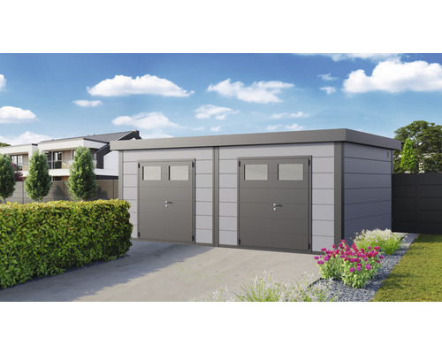 Abri de jardin Eleganto 6436 2 portes à deux vantaux 672 x 388 cm gris clair Garage double avec deux portes et fenêtres