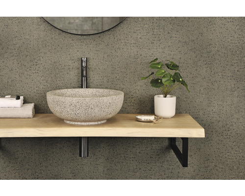 Meuble de salle de bains avec vasque à poser, robinet, étagère et décoration