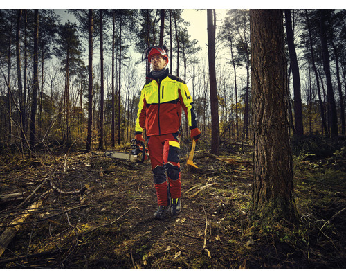 Forestier avec tronçonneuse et outils dans la forêt