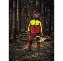 Bûcheron avec vêtements de protection et tronçonneuse en forêt