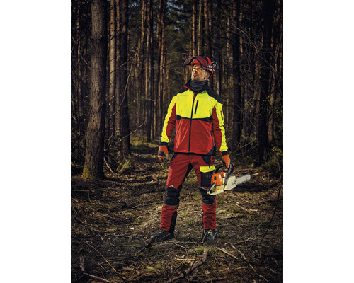 Bûcheron avec vêtements de protection et tronçonneuse en forêt