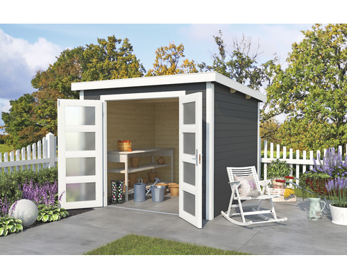 Abri de jardin Zambezi 4 270 x 274,7 cm gris carbone Abri de jardin avec portes ouvertes, établi et outils de jardin à l''extérieur