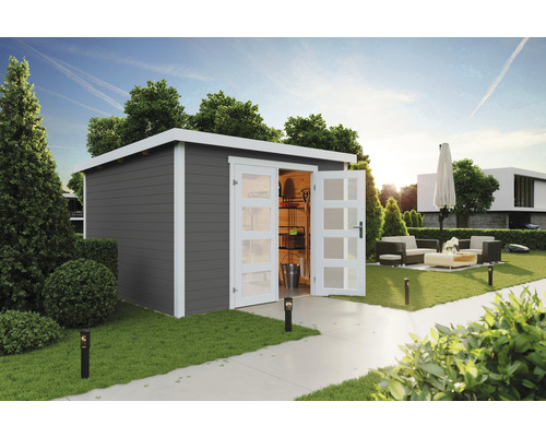 Abri de jardin Zambezi 7 320 x 324,8 cm gris carbone Abri de jardin avec double porte et fenêtres en verre dans le jardin