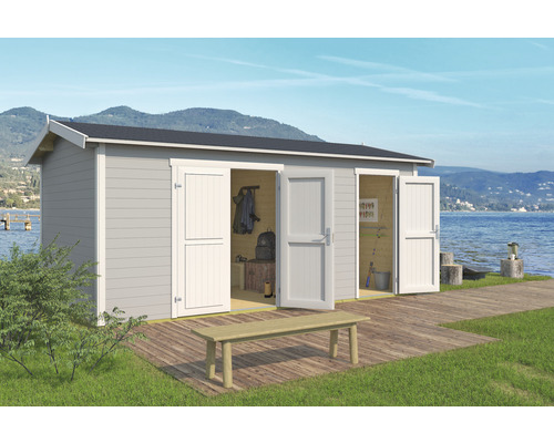 Gartenhaus Tuvalu XL inkl. Fußboden 540 x 331,2 cm lichtgrau Gartenhaus mit Doppeltür und Sitzbank auf Holzterrasse