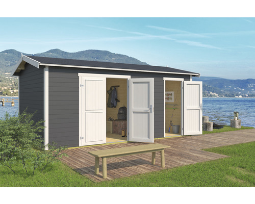 Gartenhaus Tuvalu XL inkl. Fußboden 540 x 331,2 cm carbongrau Gartenhaus mit Doppeltür und Sitzbank auf einer Holzterrasse am See
