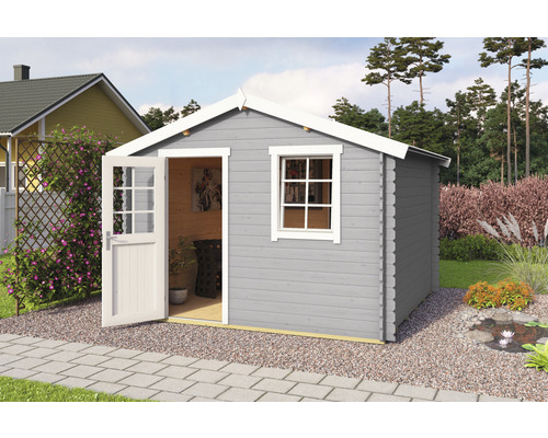 Gartenhaus Wels 3 inkl. Fußboden 339,8 x 320 cm lichtgrau Gartenhaus aus Holz mit Fenster und geöffneter Doppeltür