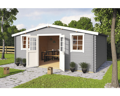 Gartenhaus Wels 5 inkl. Fußboden 548,8 x 420 cm lichtgrau Holzgartenhaus mit Doppeltür und Fenstern