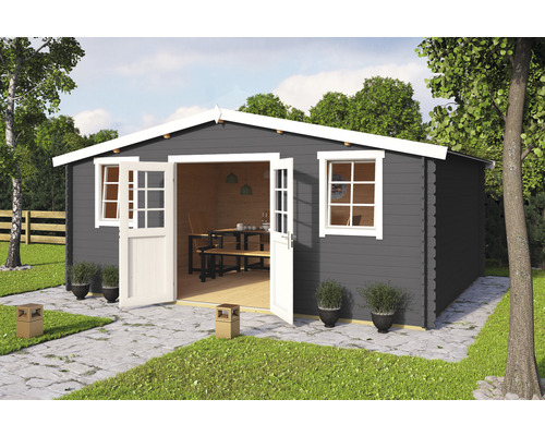 Gartenhaus Wels 5 inkl. Fußboden 548,8 x 420 cm carbongrau Gartenhaus mit Doppeltür und Fenstern im Garten