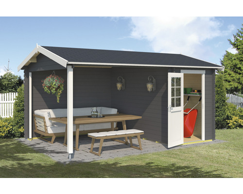 Gartenhaus Wibo inkl. Fußboden 465 x 337,8 cm carbongrau Holzgartenhaus mit Sitzecke und offenstehender Tür zum Lagerbereich
