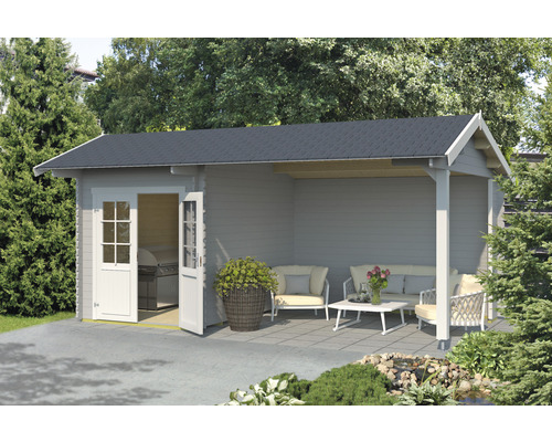 Gartenhaus Outdoor Life Kenzo inkl. Fußboden, Anbaudach mit Rückwand 580 x 389,3 cm lichtgrau Gartenhaus mit Terrasse und Gartenmöbeln