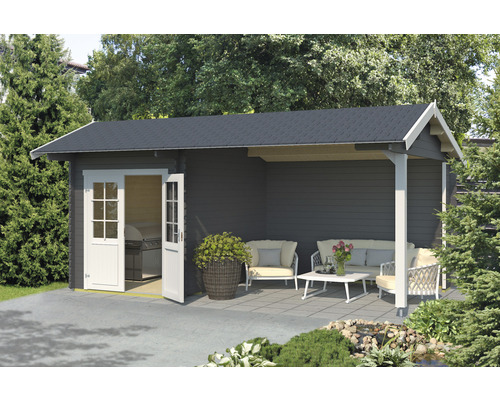 Gartenhaus Outdoor Life Kenzo inkl. Fußboden, Anbaudach mit Rückwand 580 x 389,3 cm carbongrau Gartenhaus Outdoor Life Kenzo inkl. Fußboden, Anbaudach mit Rückwand 580 x 389,3 cm carbongrau