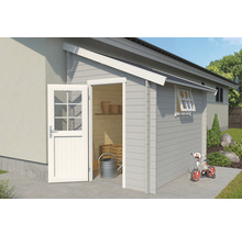 Gartenhaus mit geöffneter Tür und Kindervelo