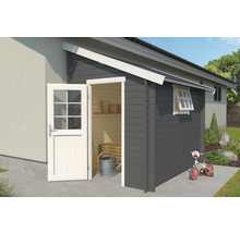 Gartenhaus mit geöffneter Tür, Fenster und einem Kinderfahrrad